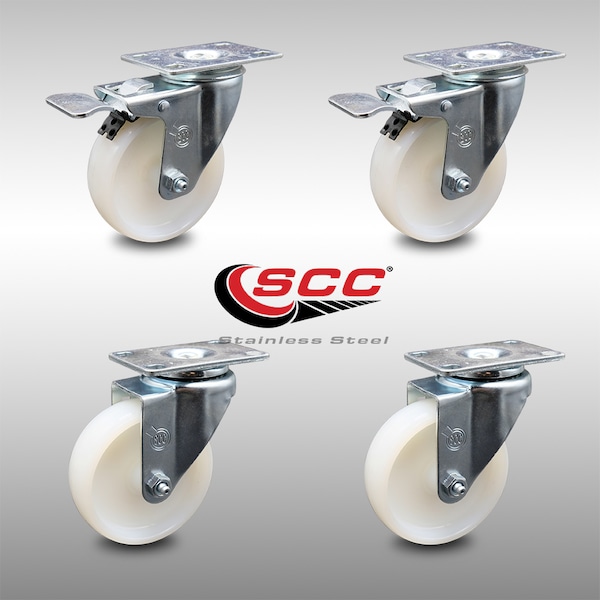 4 Inch SS Nylon Wheel Swivel Top Plate Caster Total Lock Brakes SCC, 2PK